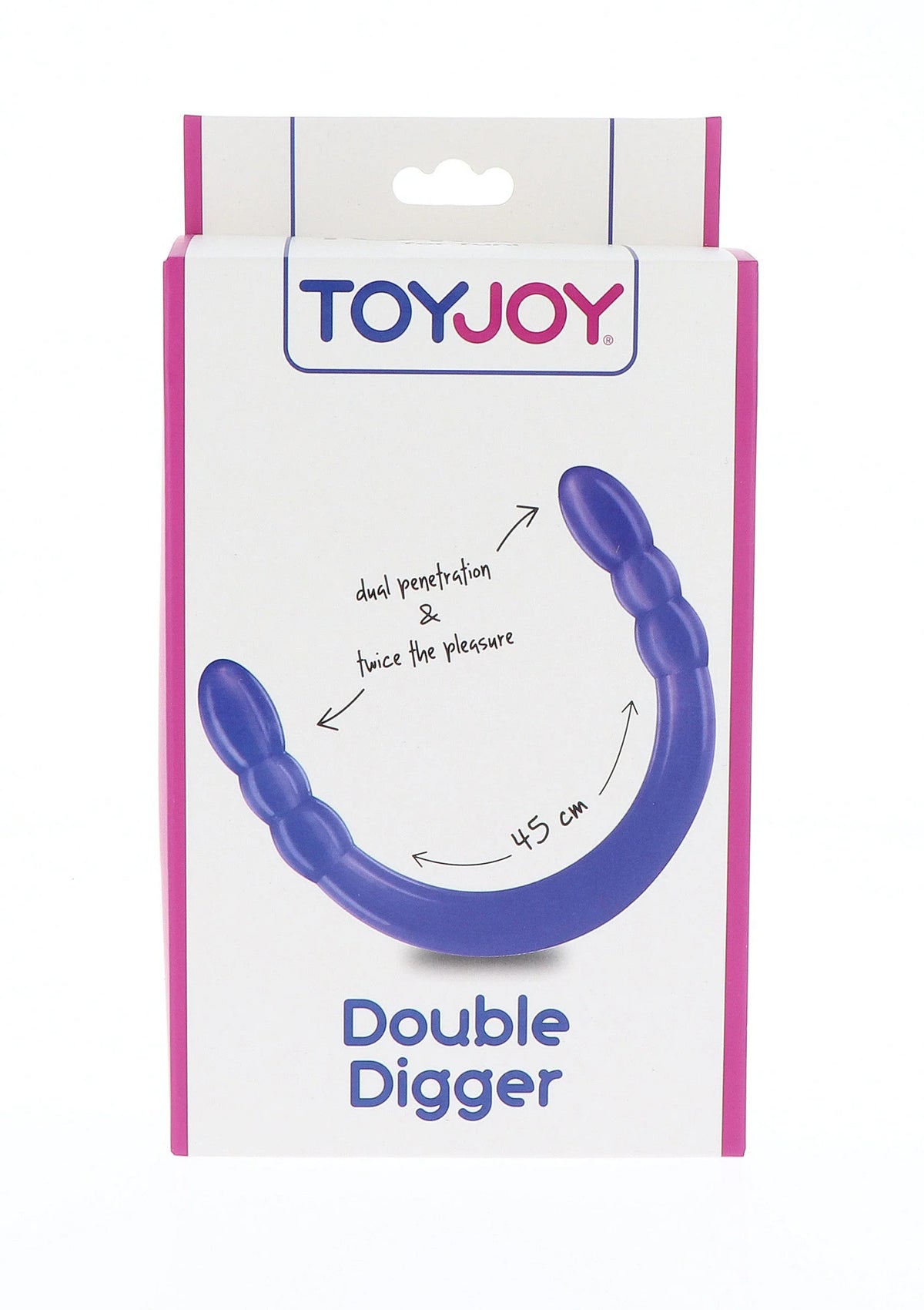 ToyJoy Double Digger verpakking met blauwe/paarse U-vormige dildo en dubbele lengte