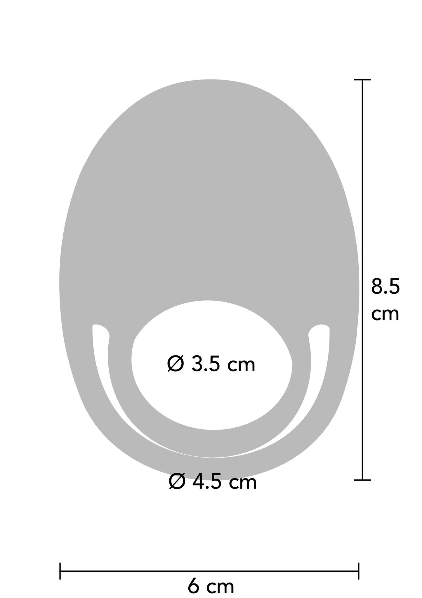 C-ring vibratormaten: 6 cm lang, 8,5 cm hoog, Ø3 cm en Ø4,5 cm ring