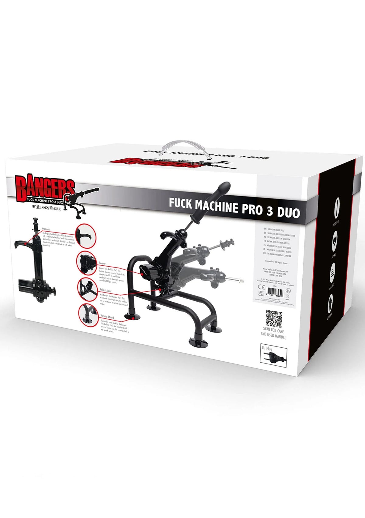 Verpakking van Bangers Fuck Machine Pro 3 Duo-doos met afbeelding van het apparaat