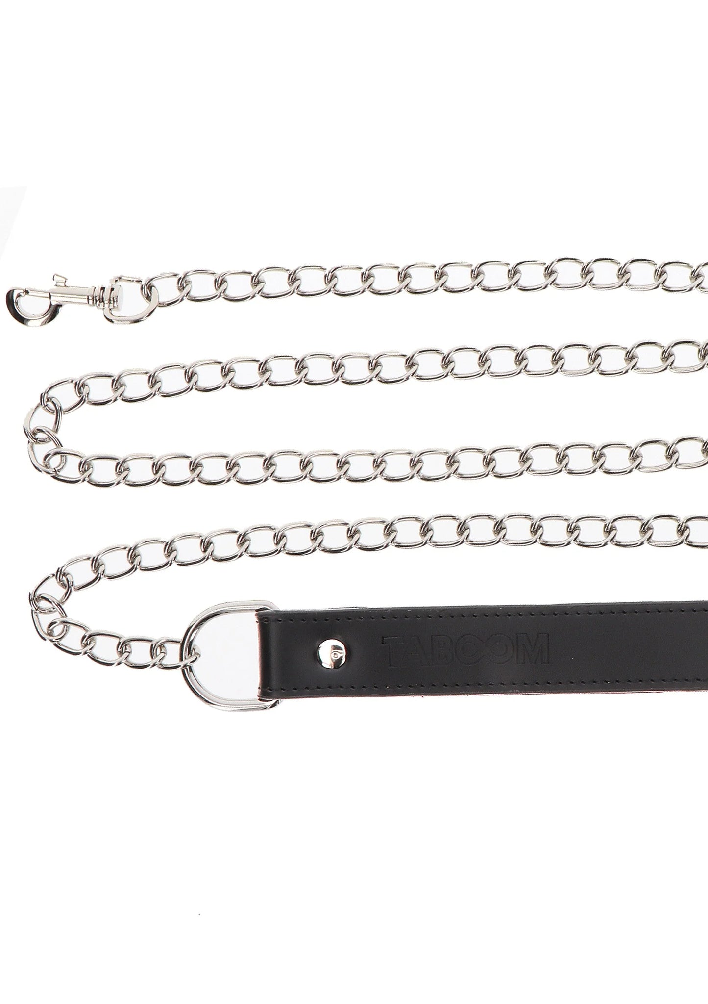 Zilveren kettingleiband met zwarte leren band en metalen karabijn, productfoto