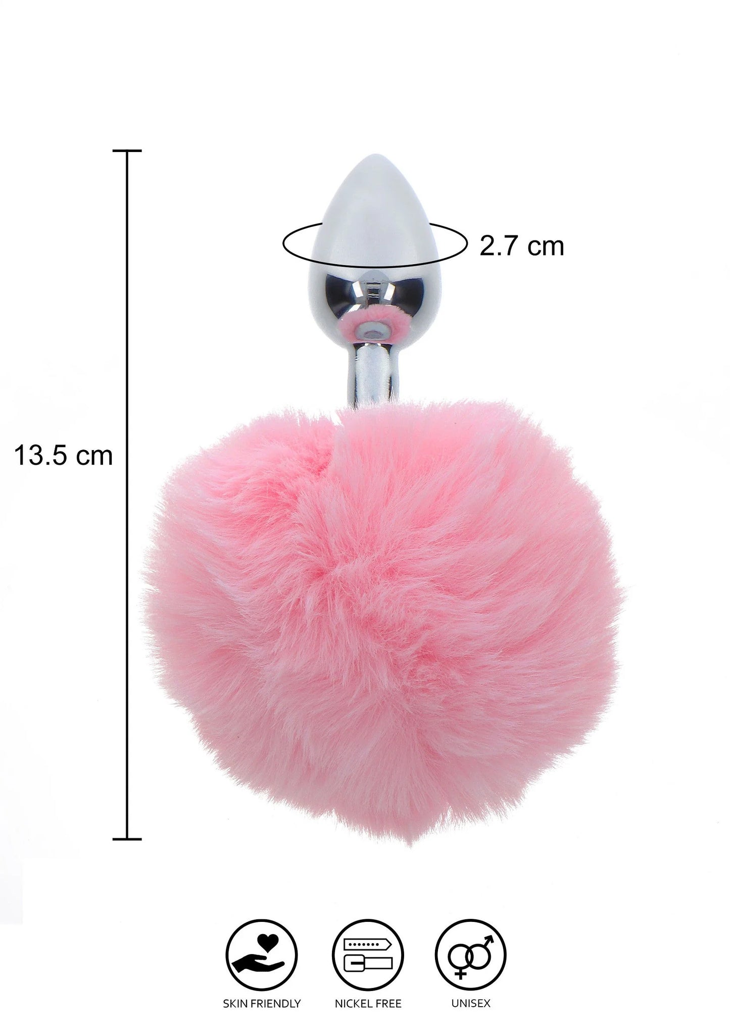 Roze pluizige buttplug met zilveren metalen plug; 13,5 cm en 2,7 cm gemarkeerd.