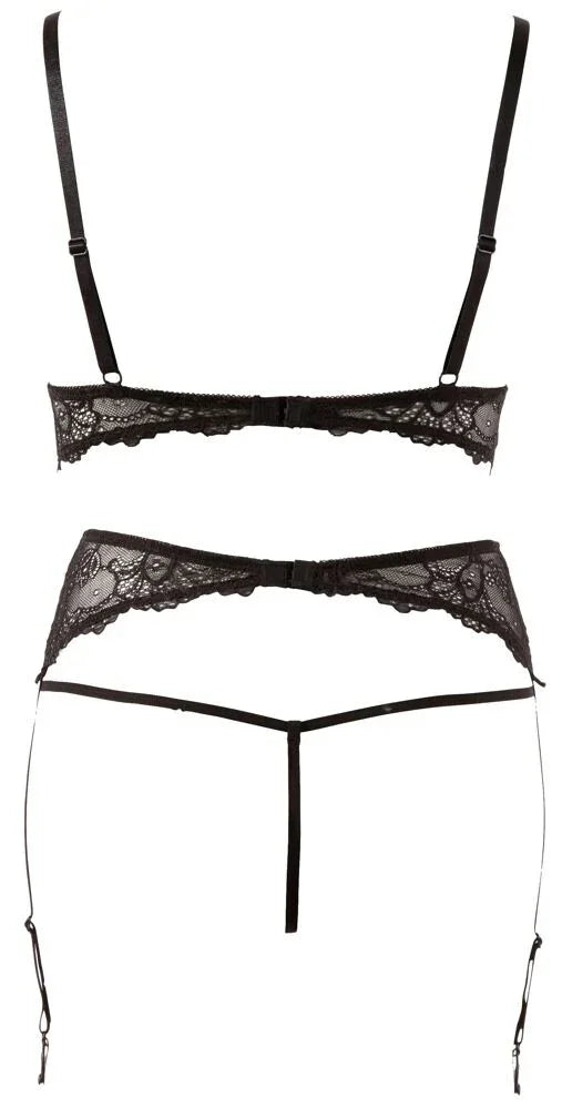 Kanten set met een beugelloze bh en parels, string zonder kruis en een jarretelgordel - Happytoys Sexshop: Toys for Feeling Happy & Easy π - Discreet geleverd