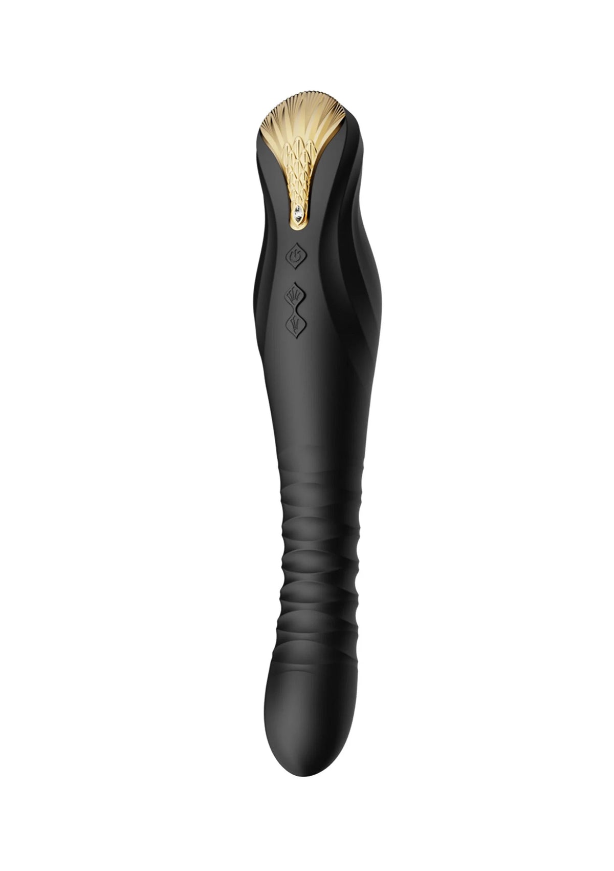 Zwarte dildo met gouden insert en ruitvormige markering, taps toelopend uiteinde