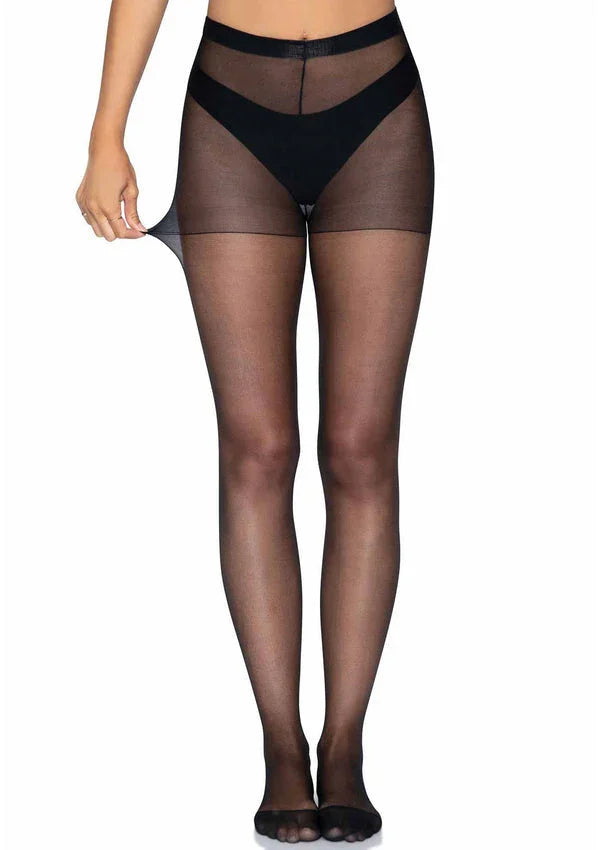 Transparante panty met achternaad en brede bovenband, benen en taille zichtbaar