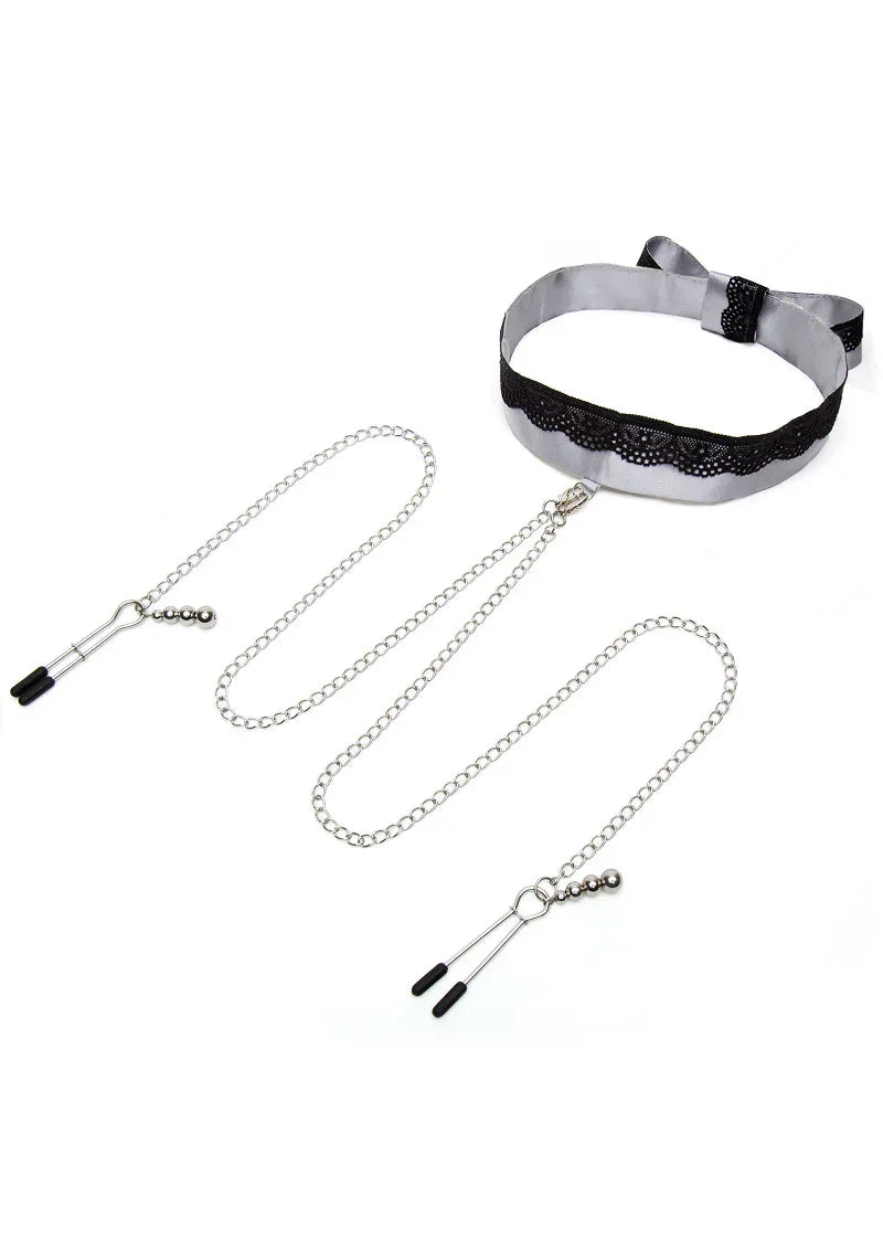 Play Nice Satin & Lace Collar & Nipple Clamps by Fifty Shades of Grey - Happytoys Sexshop: Toys for Feeling Happy & Easy 😊 - Discreet geleverd