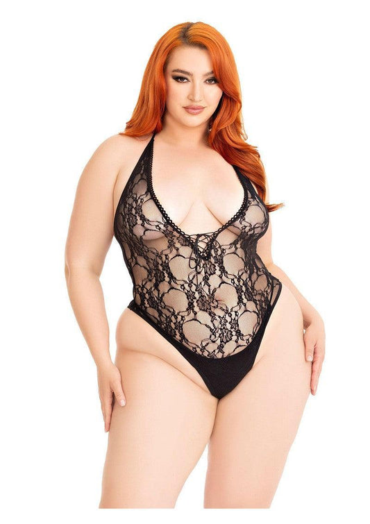 Floral lace deep-V teddy + by Leg Avenue - Happytoys Sexshop: Toys for Feeling Happy & Easy 😊 - Discreet geleverd