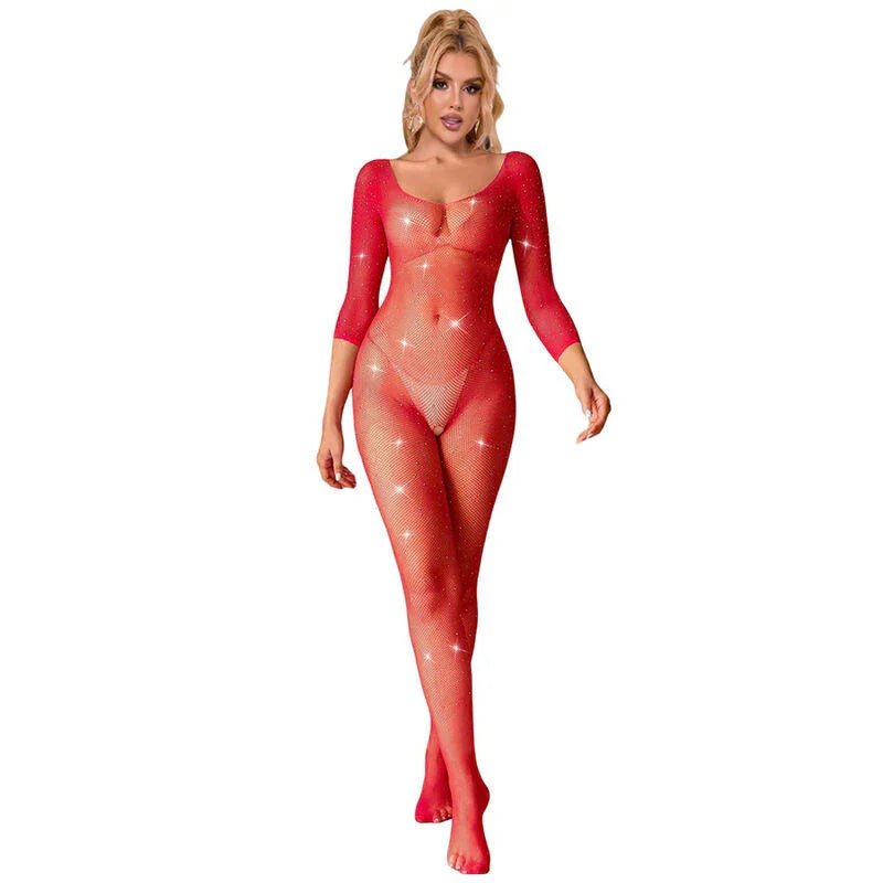 SUBBLIME - 952419 FISHNET BODYSTOCKING WITH DIAMONDS LONG SLEEVE RED XS/M - Happytoys Sexshop: online sex shop for Feeling Happy & Easy 😊 - Discreet geleverd
