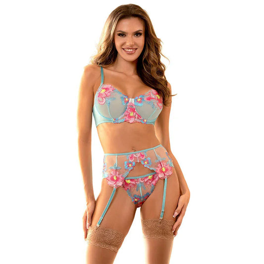 SUBBLIME - 957643 FLOWER EMBROIDERED BRA AND GARTER BELT SET PINK S/M - Happytoys Sexshop: online sex shop for Feeling Happy & Easy 😊 - Discreet geleverd