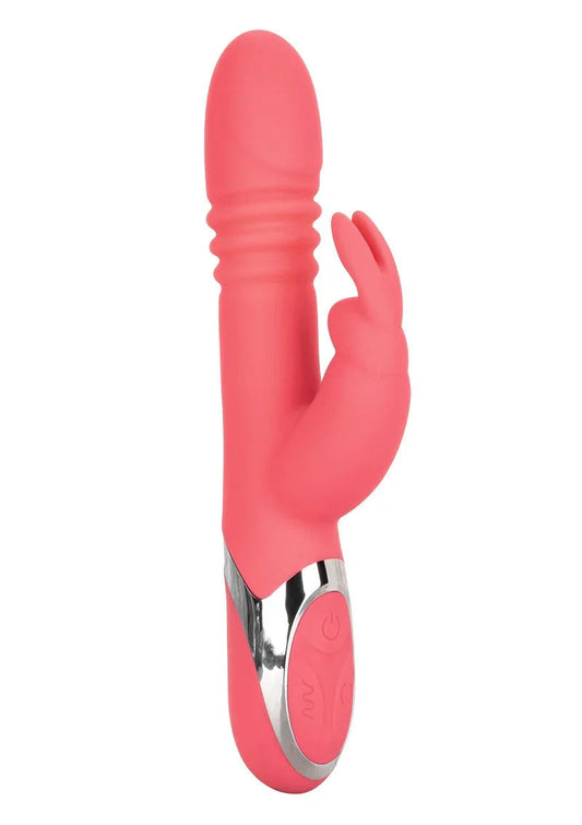 pink silicone rabbit vibrator with textured shaft and silver control panel on white background