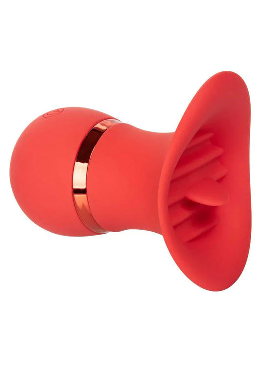 Red silicone teaser vibrator with flared tip and textured inner design, gold accent band