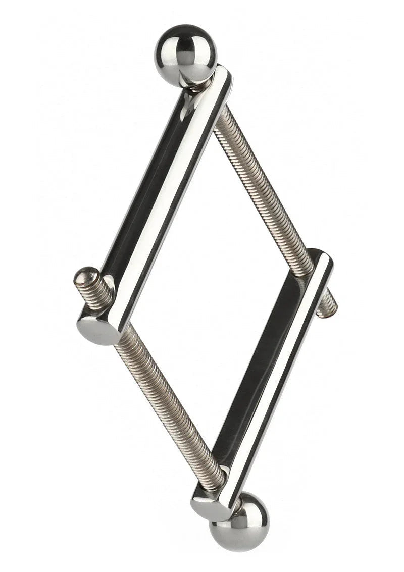 Polished stainless steel Gemini ball vise with adjustable threaded rods and ball ends on white background