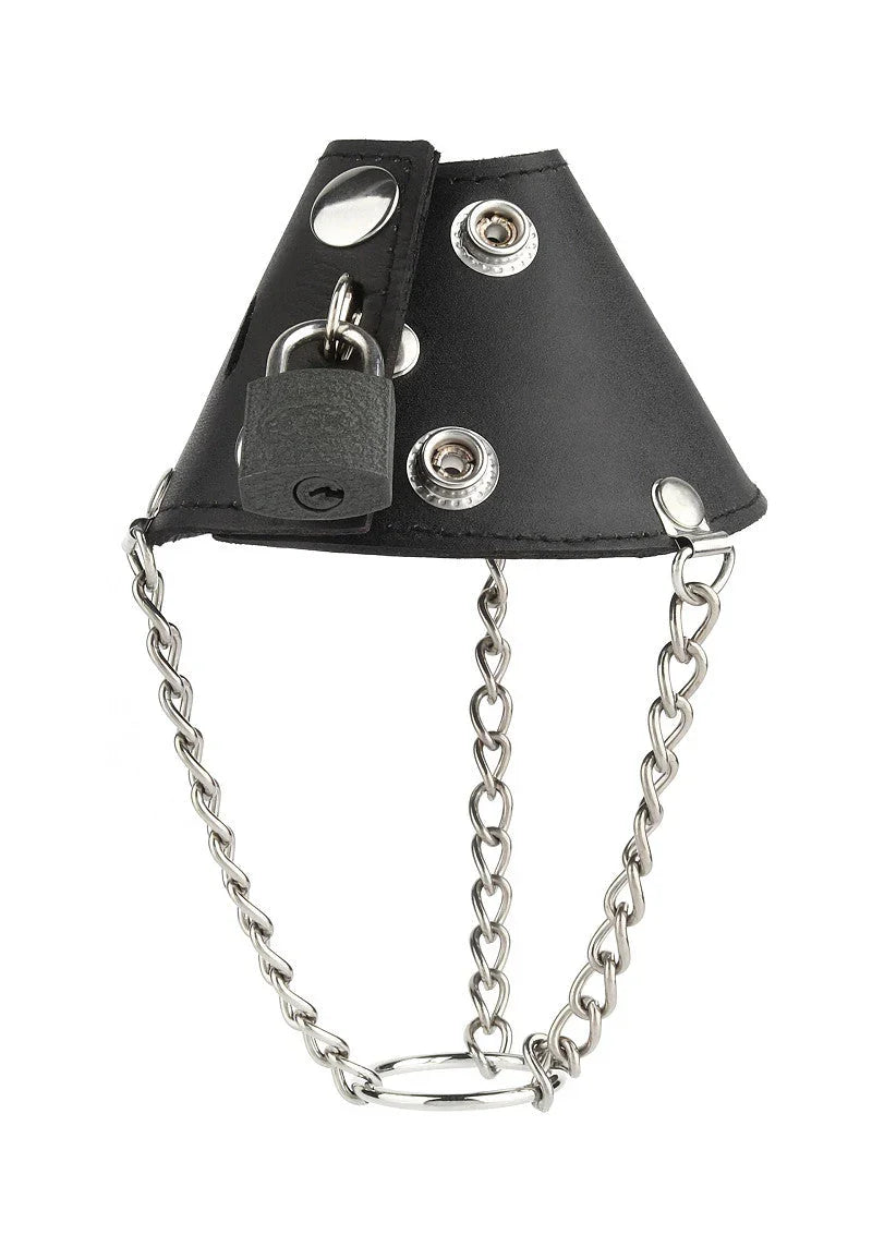 Black leather ball stretcher with metal chain and small padlock on white background