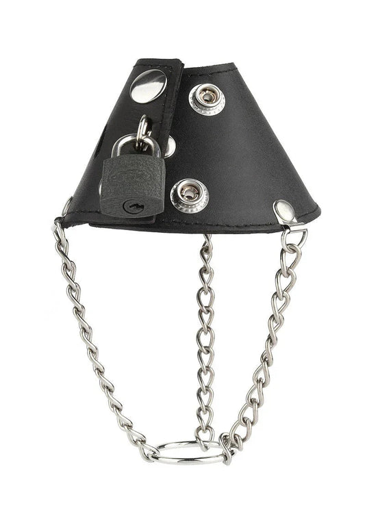 Black leather ball stretcher with metal chain and small padlock on white background