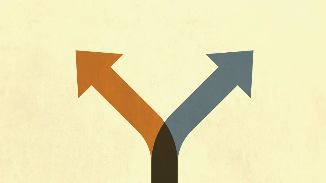 Two diverging arrows, one orange and one blue, on beige background representing decision making