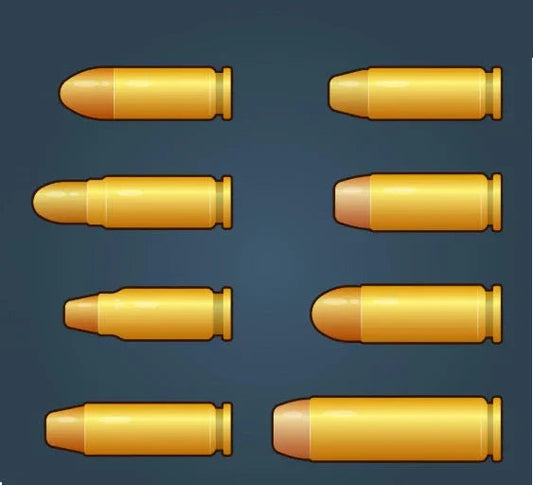 Eight different styles of shiny golden bullet cartridges on a dark background
