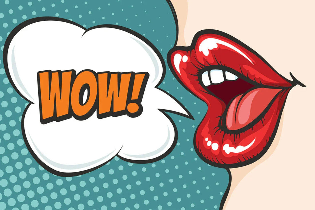Pop art style red lips with tongue out and speech bubble saying WOW on dotted blue background