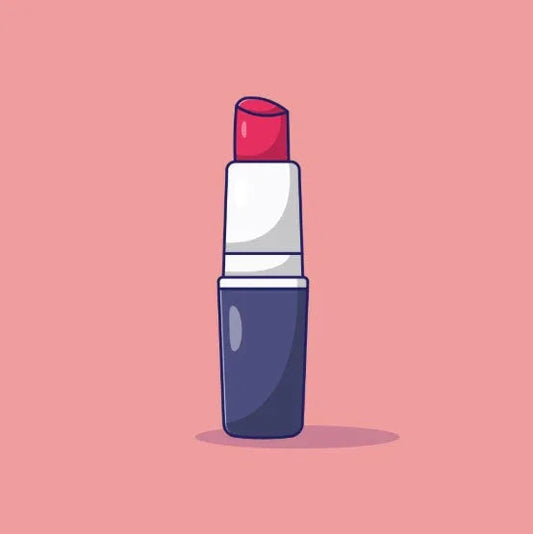 Illustration of red lipstick with black and silver casing on a pink background