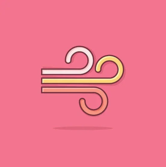 Stylized wind or air flow icon with curved lines in pink, yellow, and orange on pink background