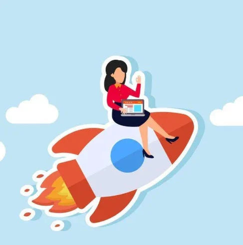 Illustration of a woman in red shirt sitting on a flying rocket with a laptop, surrounded by clouds