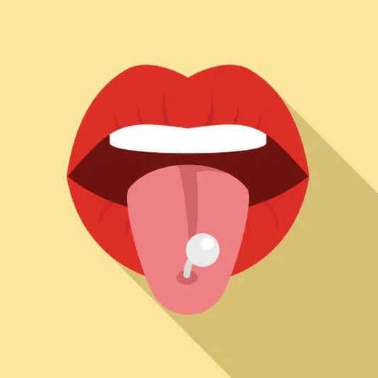 Illustration of red lips with tongue out and a silver tongue piercing on a yellow background