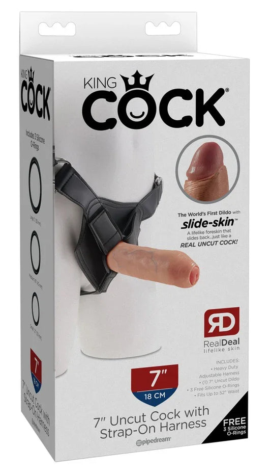 7" Uncut Cock with Strap-On Harness - Happytoys Sexshop: Toys for Feeling Happy & Easy 😊 - Discreet geleverd