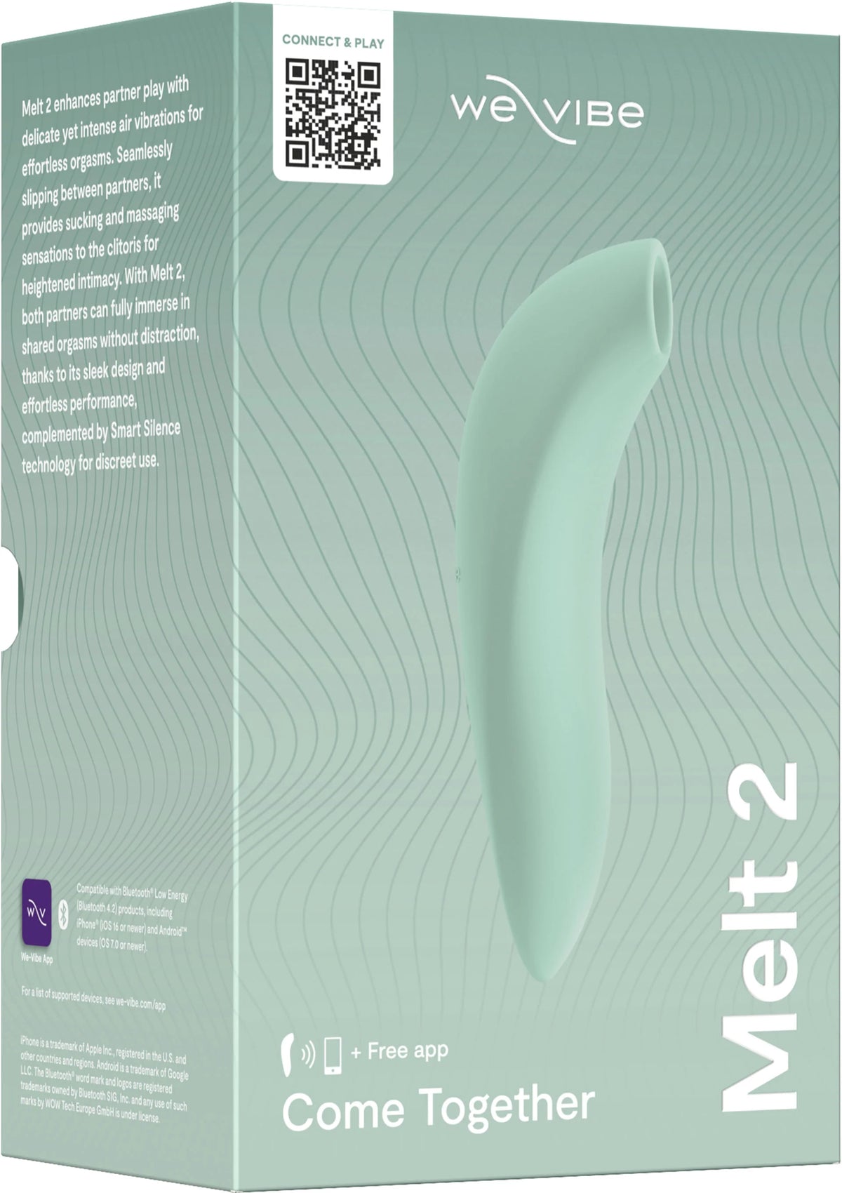 Mintgroene vibrator op verpakking met WE VIBE-logo en tekst