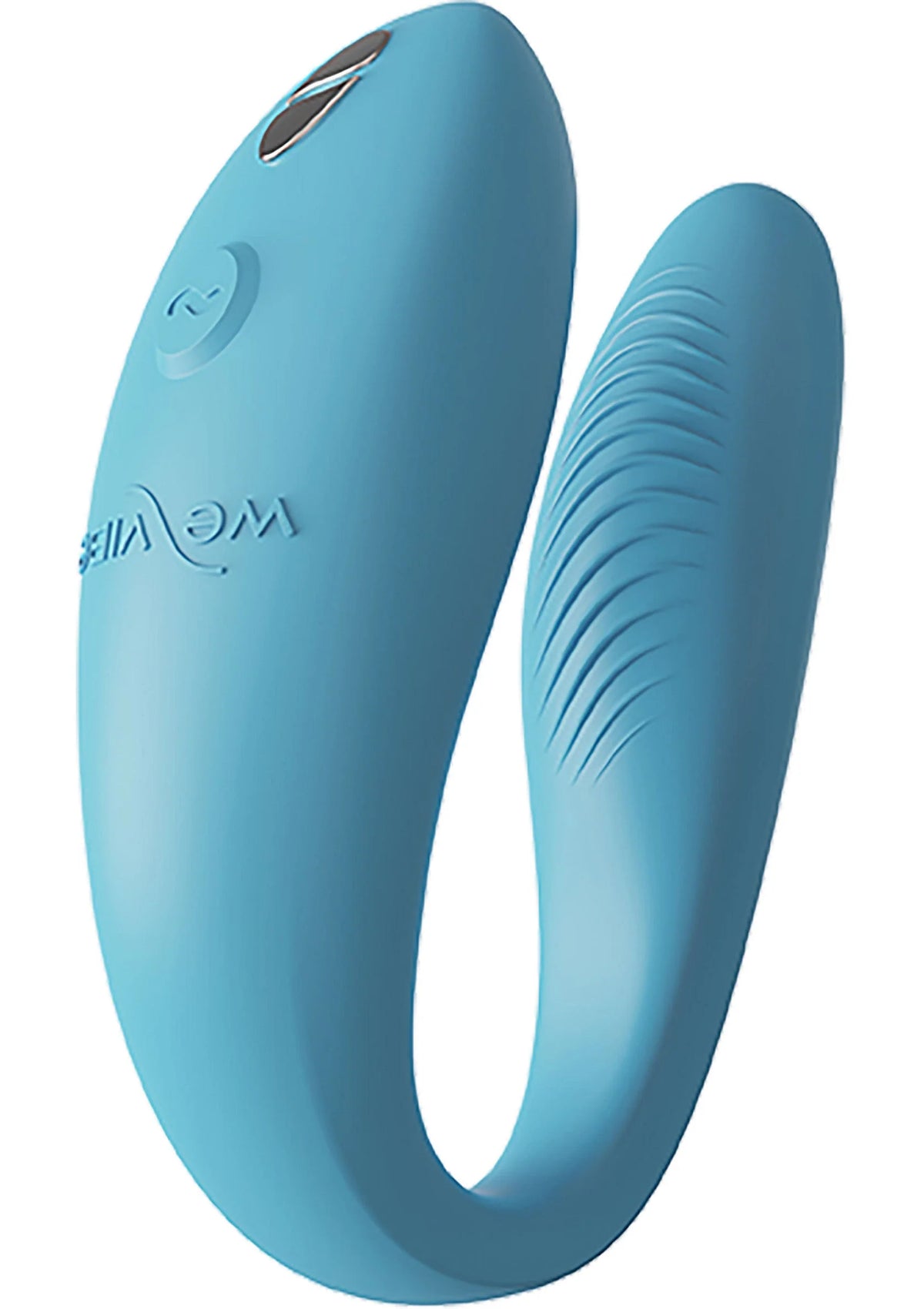 Marineblauwe sync-vibrator, close-up van één ovaal uiteinde