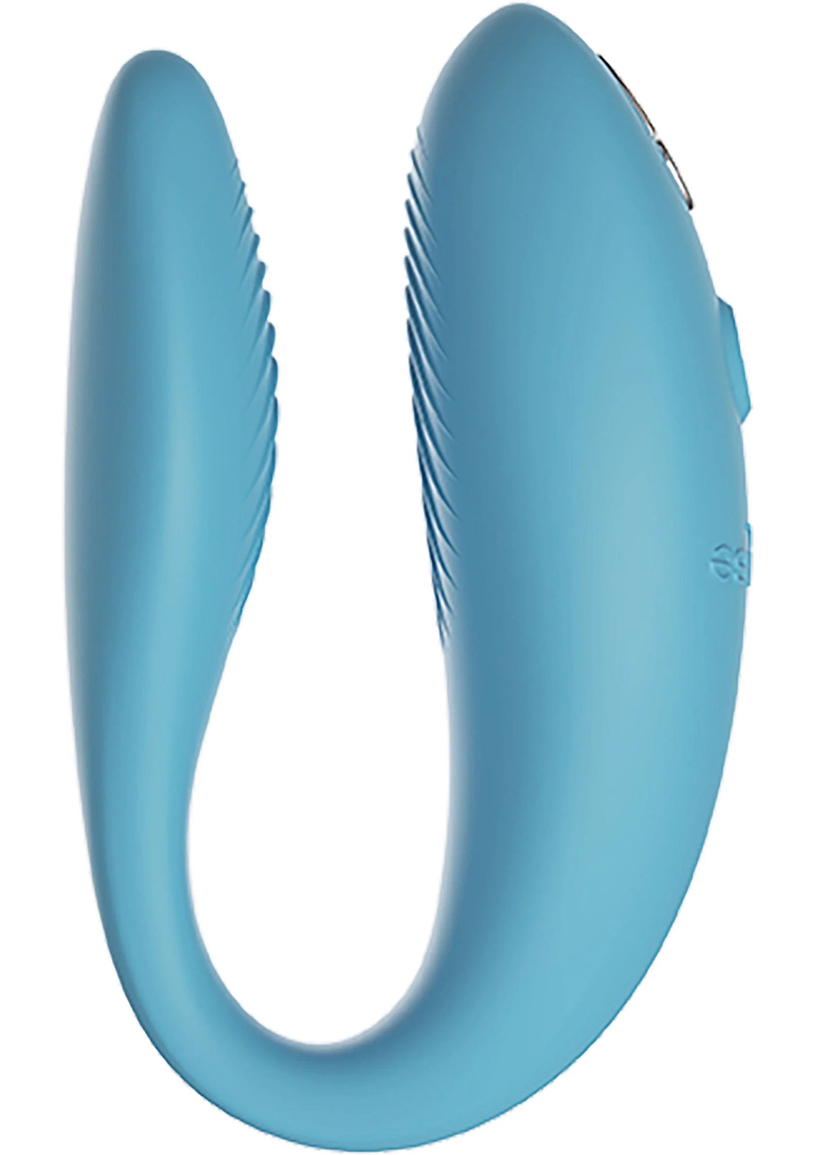 Marineblauwe sync-vibrator, zijaanzicht van de U-vormige uiteinden