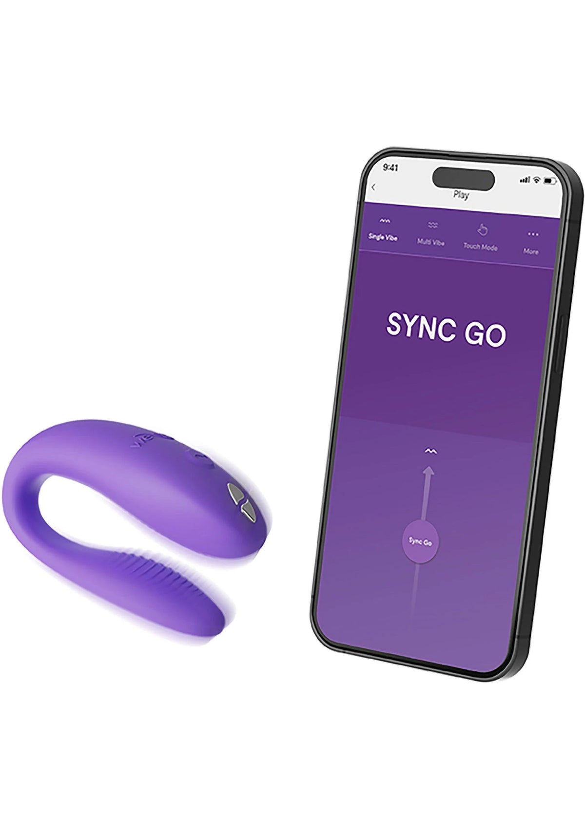 Paarse ovale wearable met knoppen, naast smartphone met Sync Go-appscherm