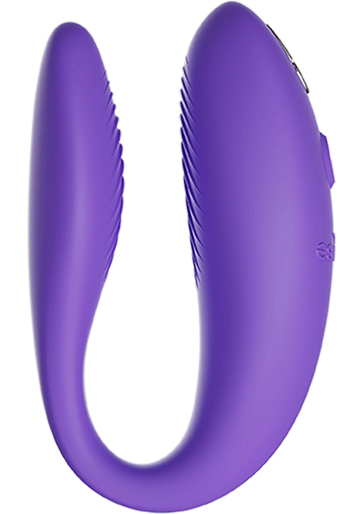 Paarse U-vibrator met twee trillingsuiteinden en ribbels op de buitenkant