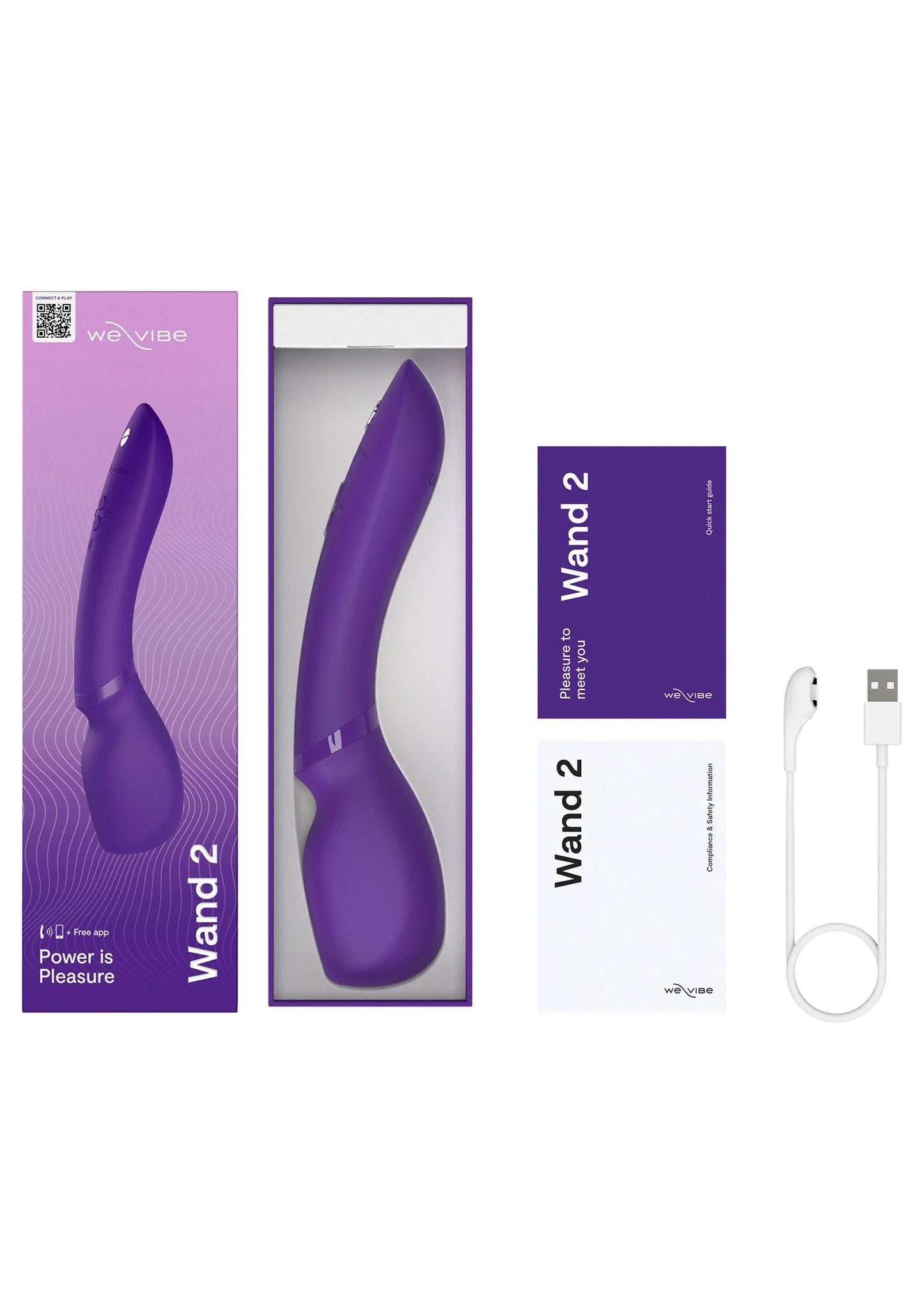Set met We-Vibe Wand 2 verpakking, instructiekaart en USB-kabel