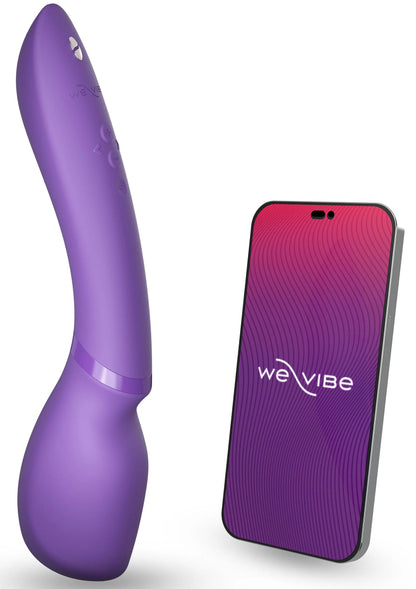 Paarse gebogen vibrator met afstandsbediening met weVibe-logo.