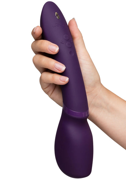 Paarse gebogen vibrator met knoppen; handgreep en afgeronde onderkant.