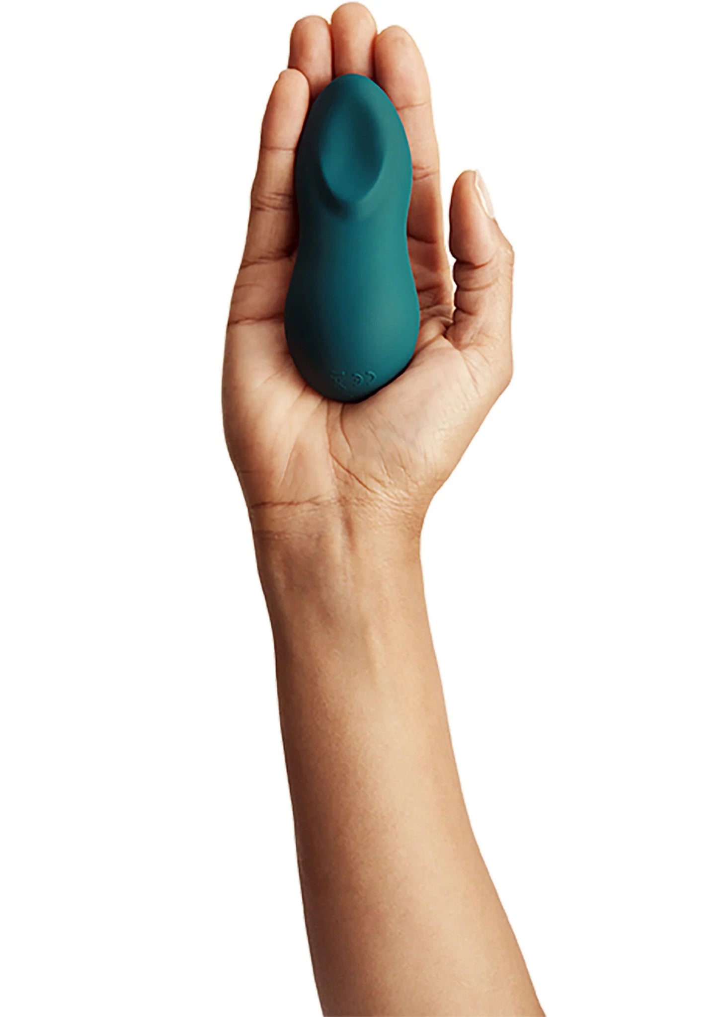 Teal handvibrator, zijaanzicht van ovale vorm met afgeronde kop