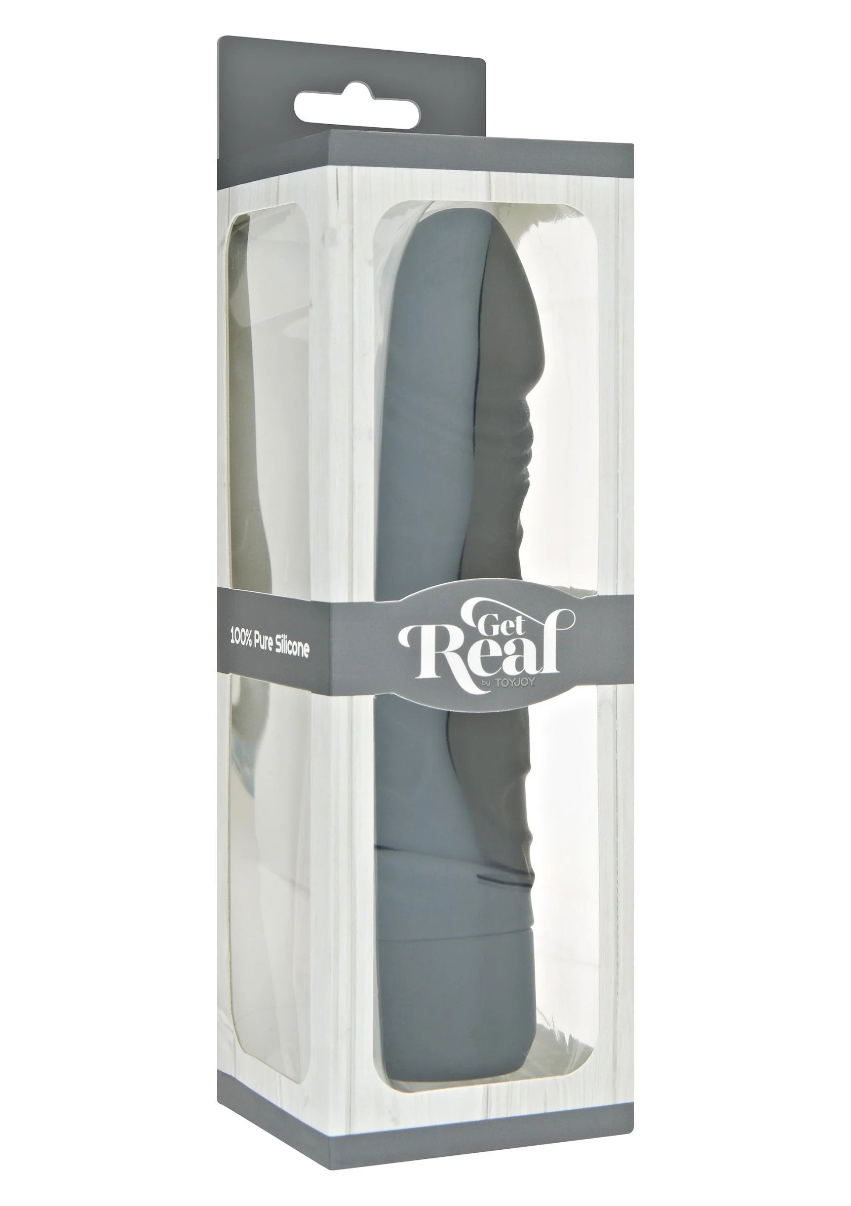 Vibratorverpakking met doorzichtig venster, grijze schacht en Get Real logo