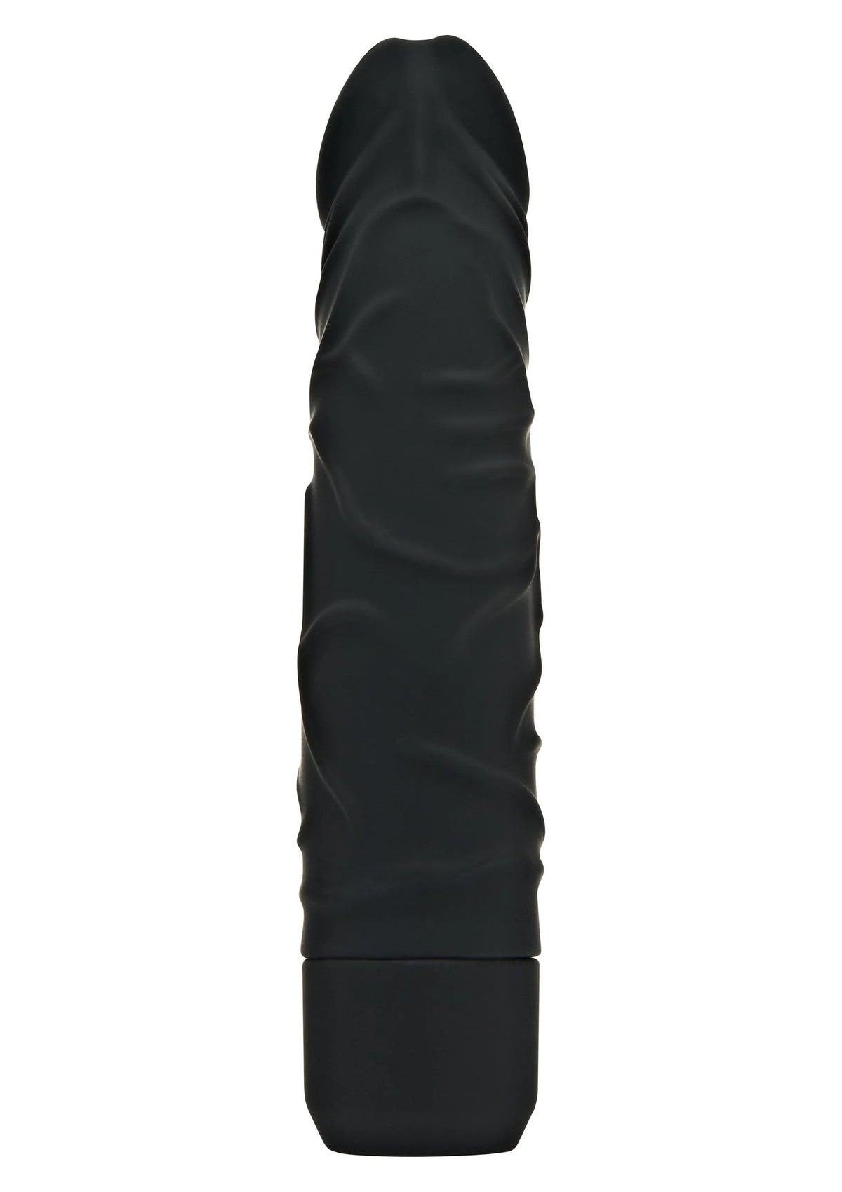Vibrator met zwarte gladde schacht, taps toelopende vorm en ronde basis