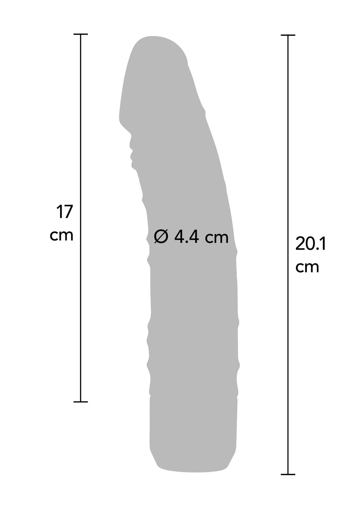 Vibratorhoes-silhouet met afmetingen: 17 cm hoog en ø 4,4 cm.