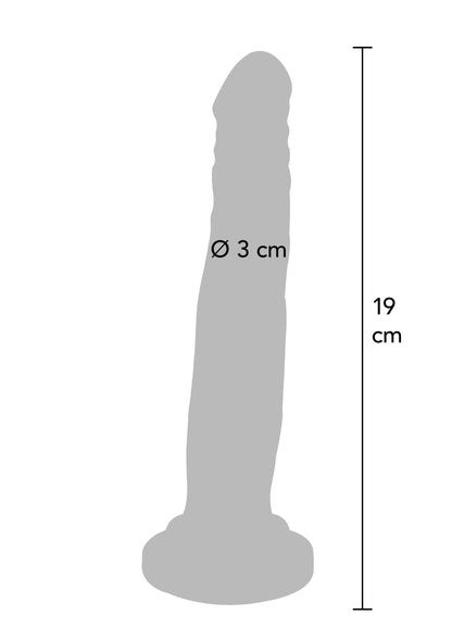 Dildo met maatindicatie: 19 cm lang, Ø 3 cm