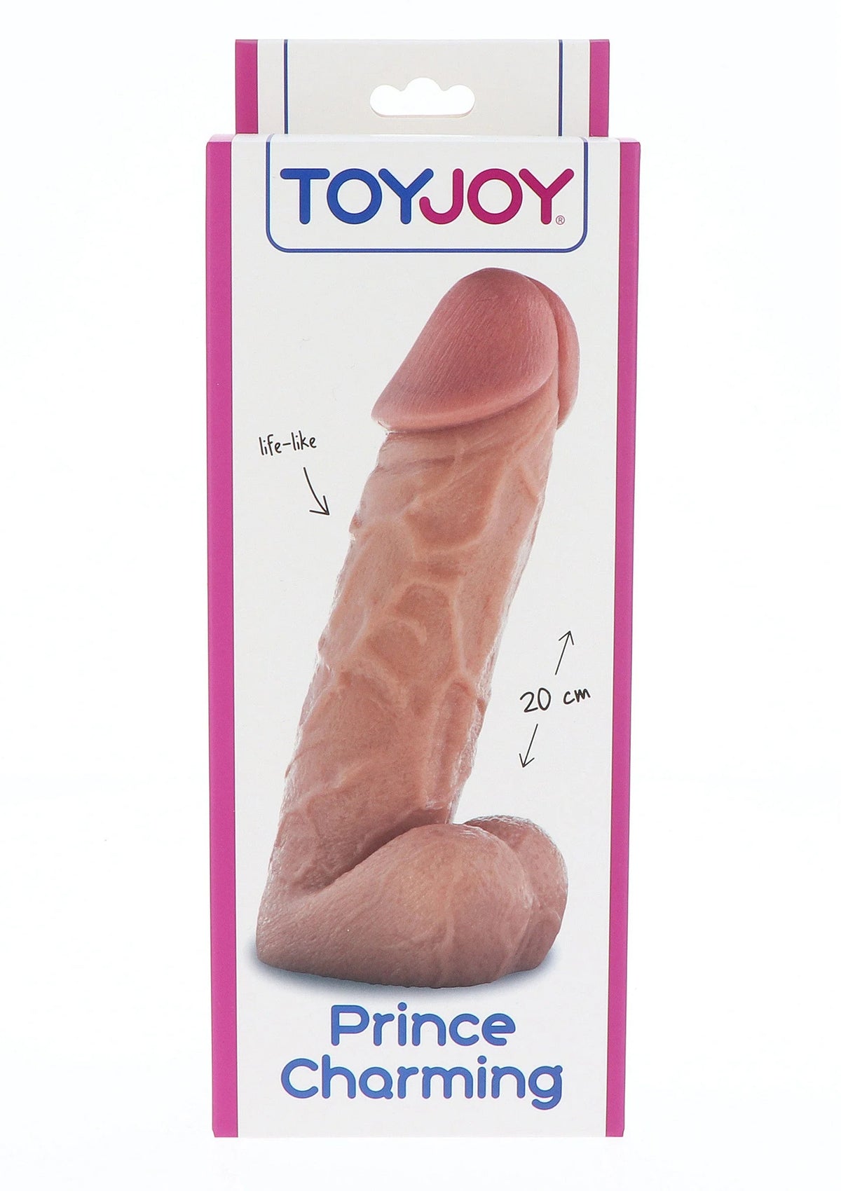 ToyJoy Prince Charming dong-verpakking met 20 cm markering en pijlen op doos