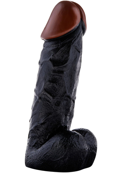 ToyJoy dildo, zwart met bruine kop, gebogen vorm en dikke basis.