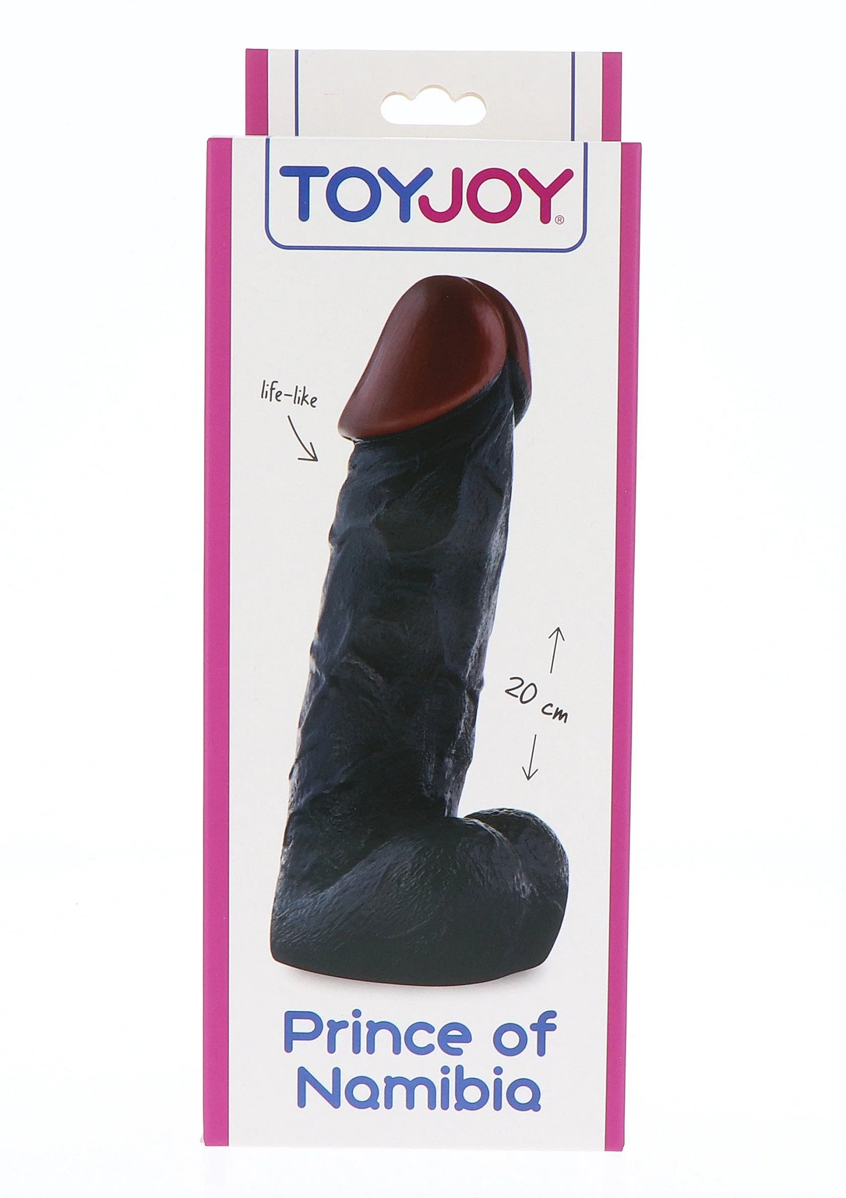 ToyJoy Prince of Namibia productverpakking met zwarte dildo, bruine kop, 20 cm.