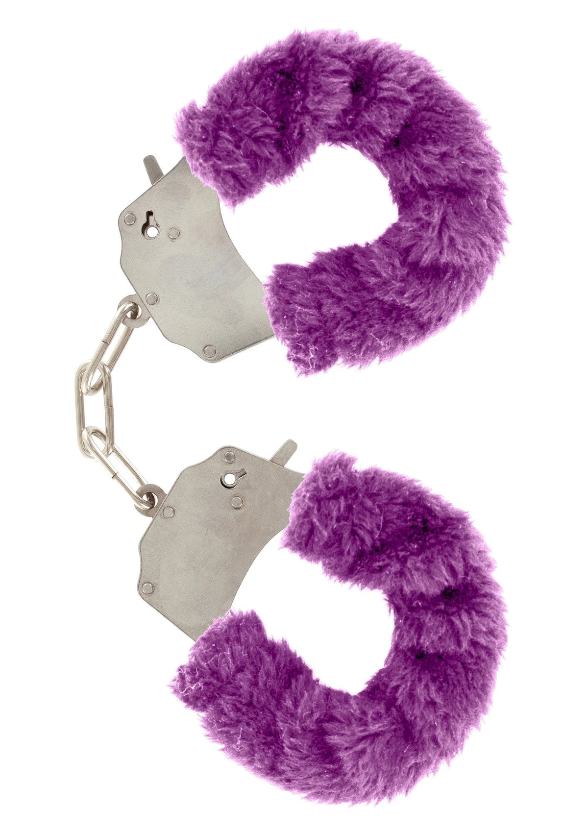 ToyJoy bont cuff set met paarse pluizige vulling, metalen kettinkjes en sleutelsluiting