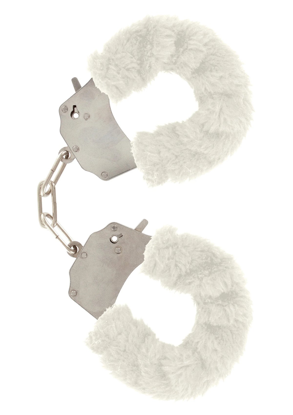 ToyJoy bont cuff set met witte pluizige vulling, metalen kettinkjes en sleutelsluiting