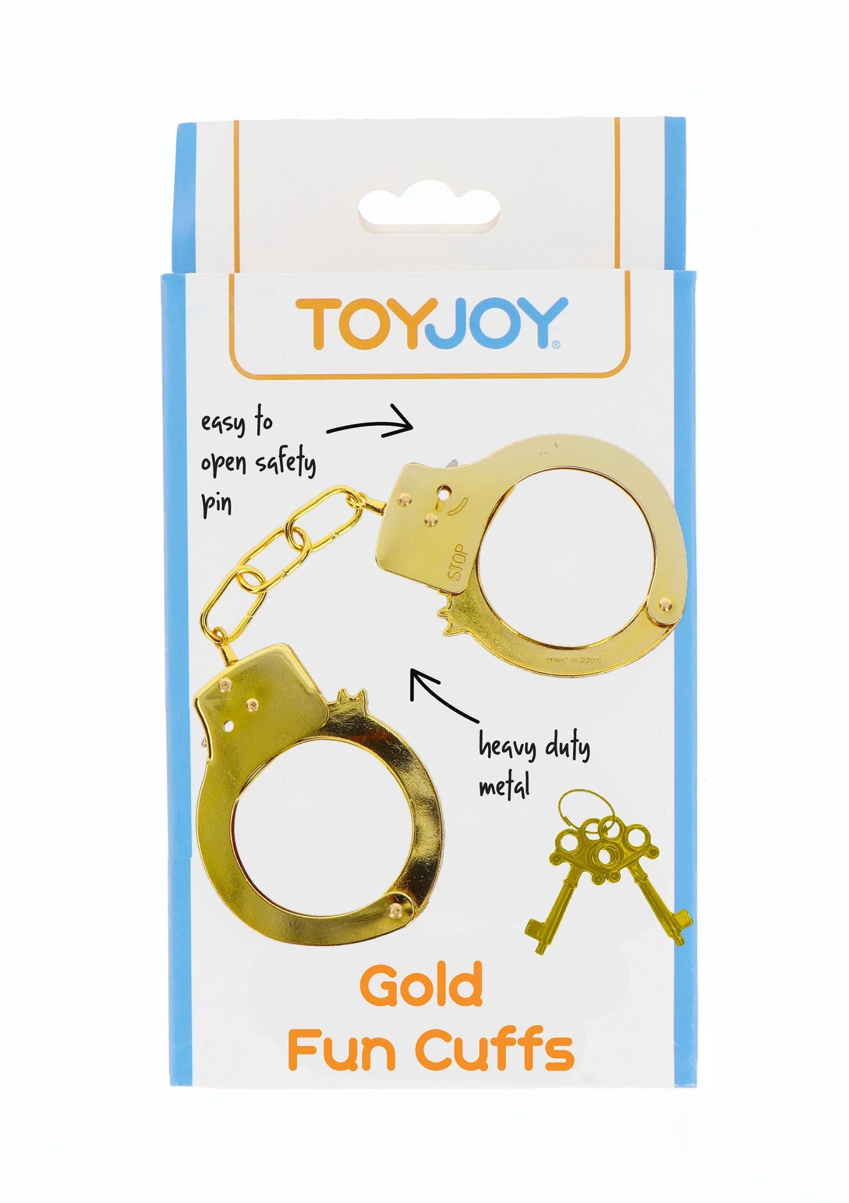 Gouden metalen handboeien met sleutelset op productverpakking