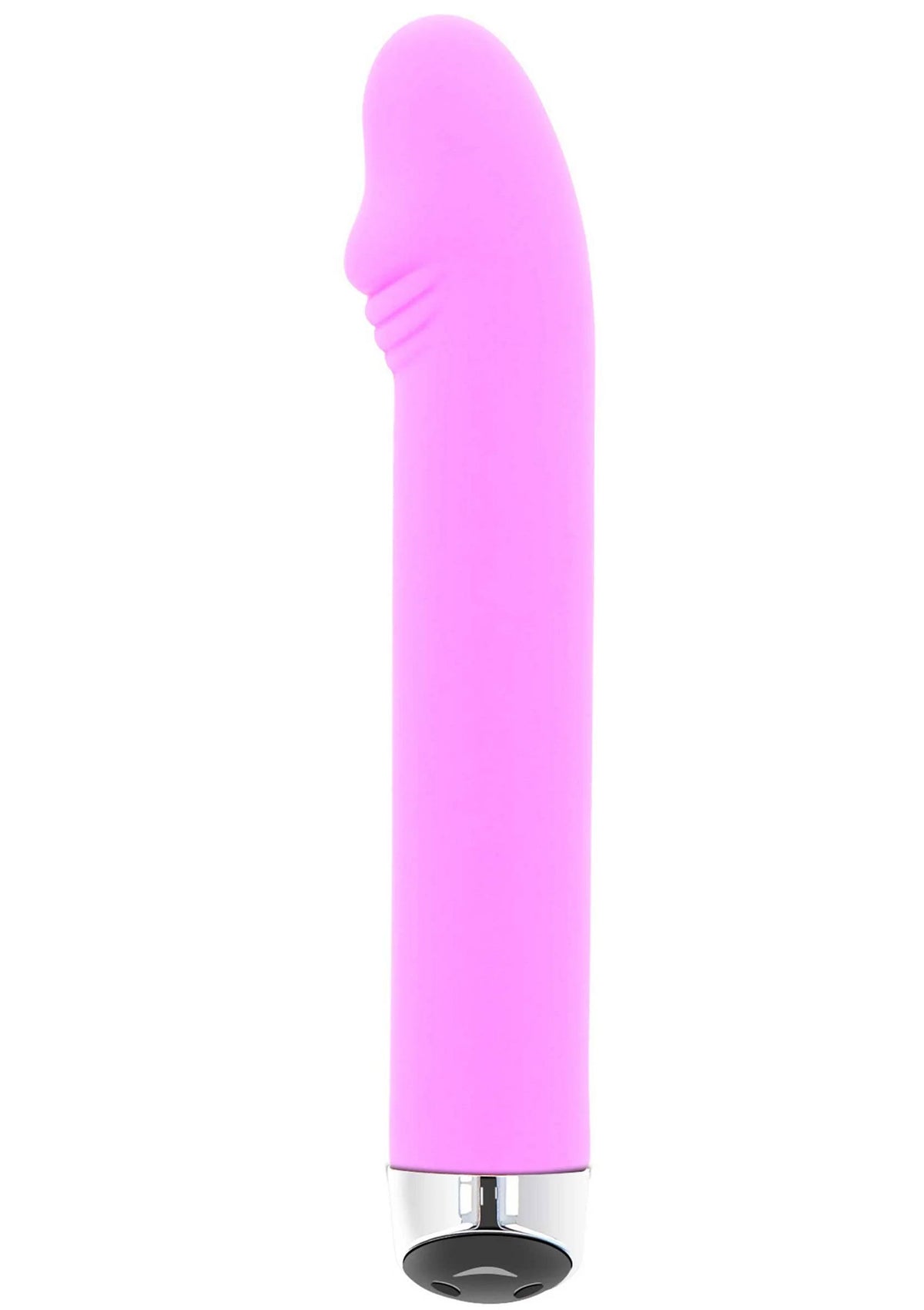 Roze vibrator met geribbelde handgreep en afgeronde top, ronde onderkant