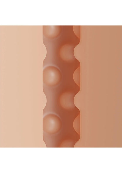 Detail van binnenreliëf met meerdere ronde uitstulpingen in beige.