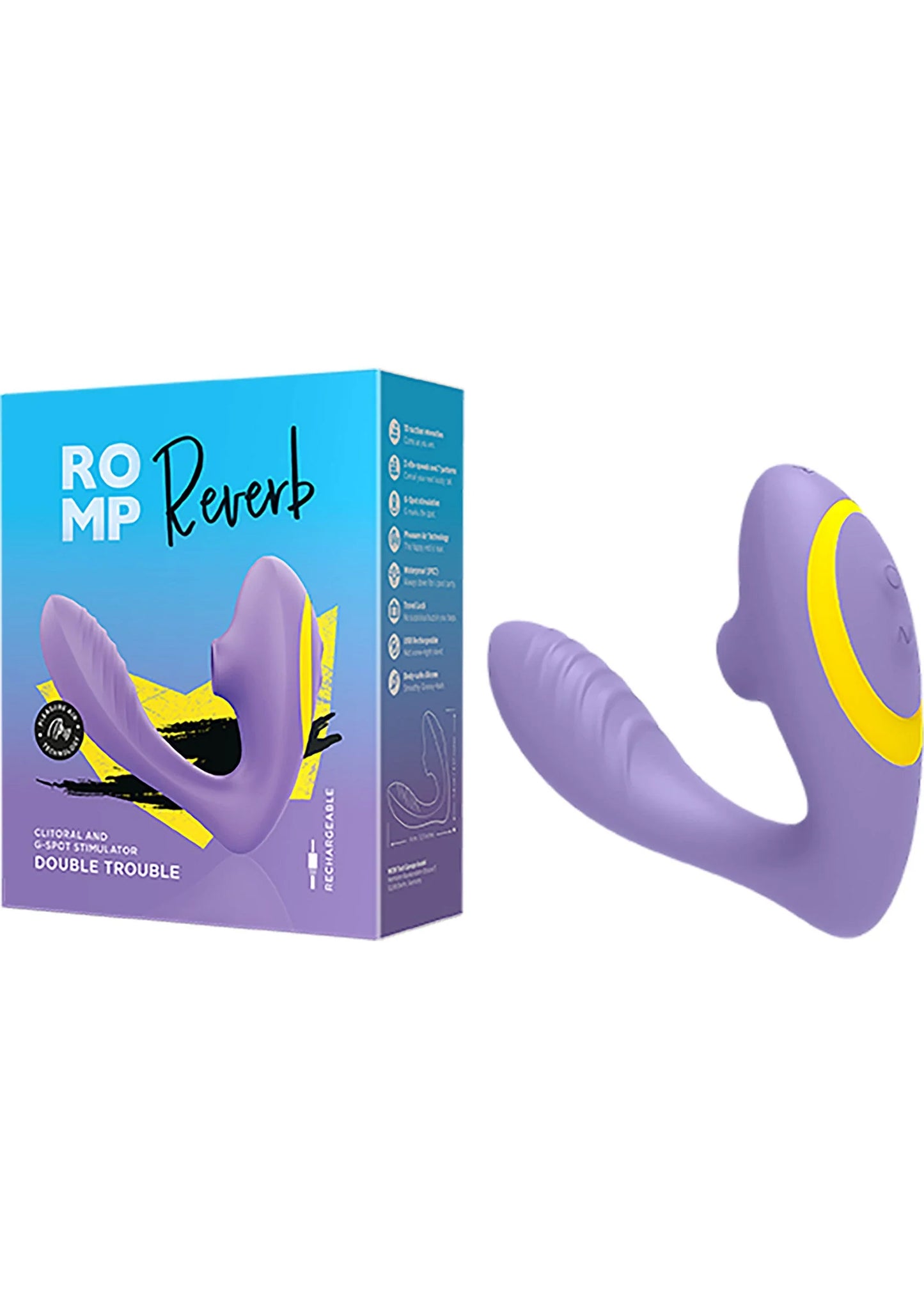 Romp Reverb luchtdrukvibrator in paarse houder met productverpakking