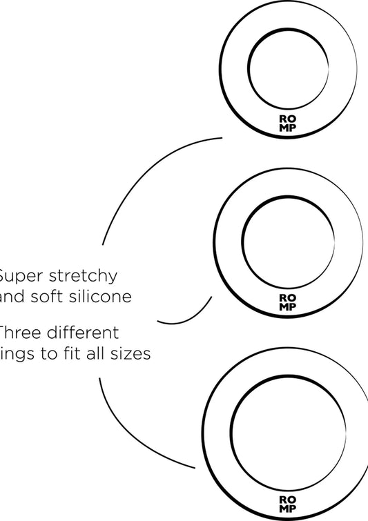 Maatdiagram met drie paarse siliconen cockringvarianten, elk met maatmarkering