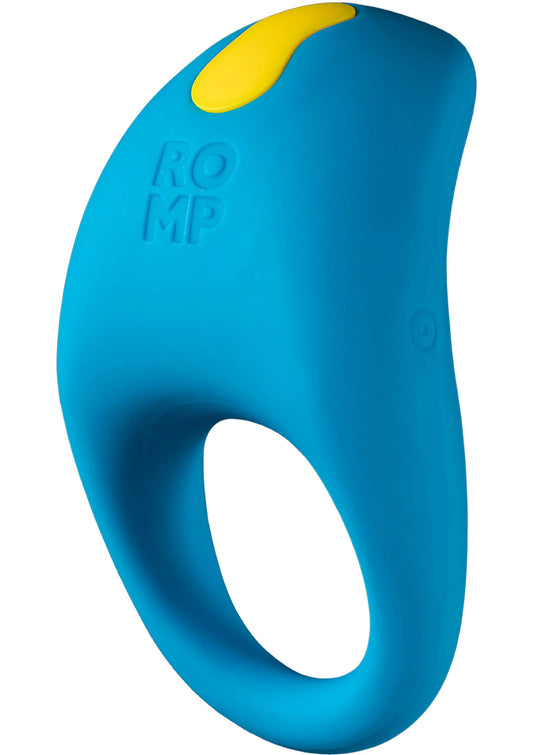 Vibrerende cockring van blauw siliconen met ovale opening en geel detail bovenop