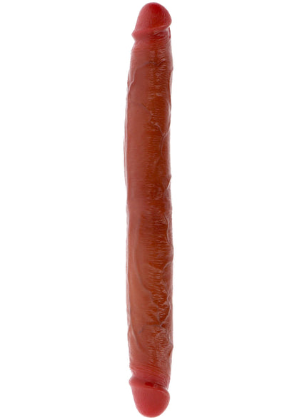Donkerrode siliconen double dong, 35 cm lang, langwerpige vorm met afgeronde top.